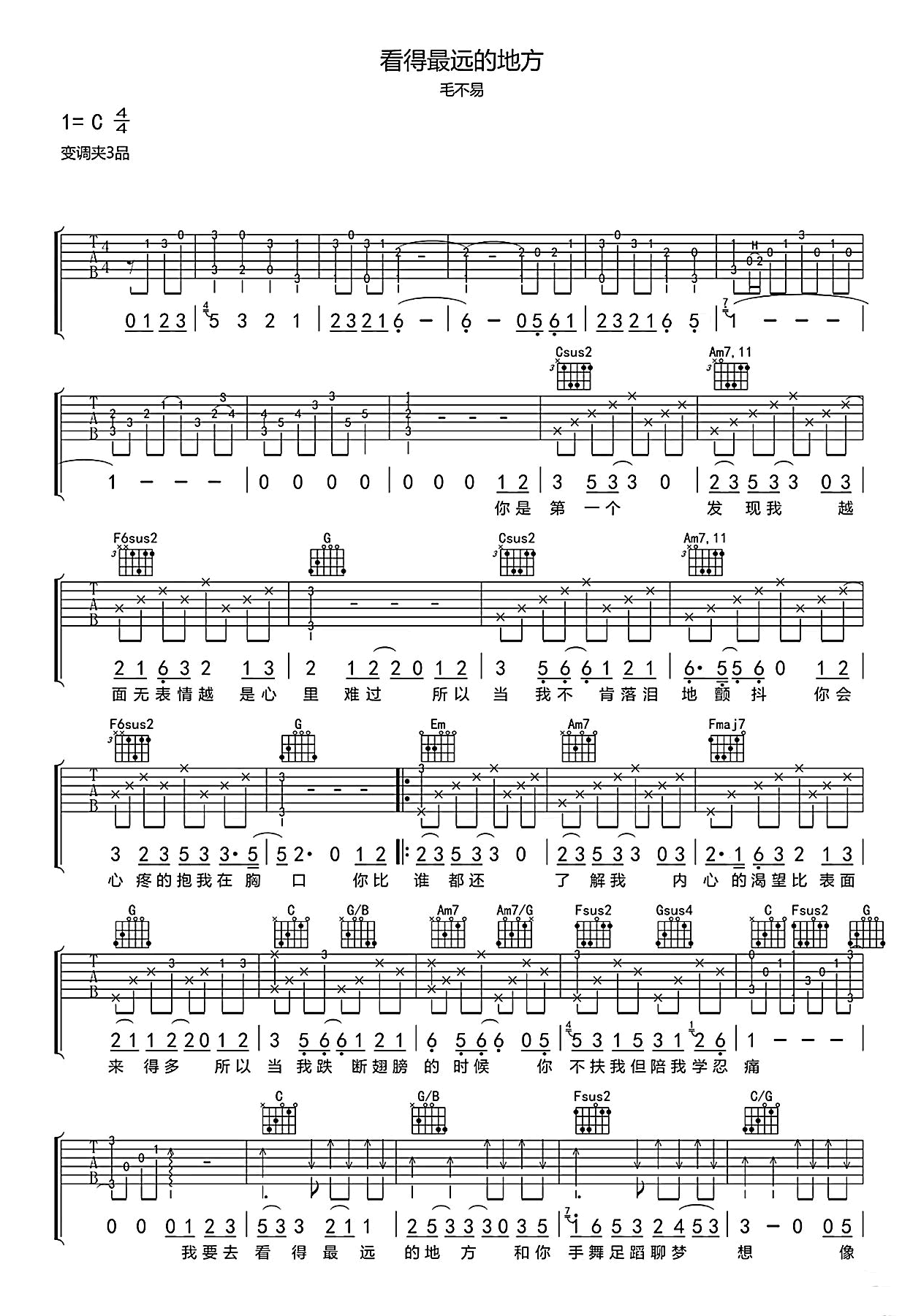 看得最远的地方吉他谱_毛不易_C调弹唱六线谱第1张