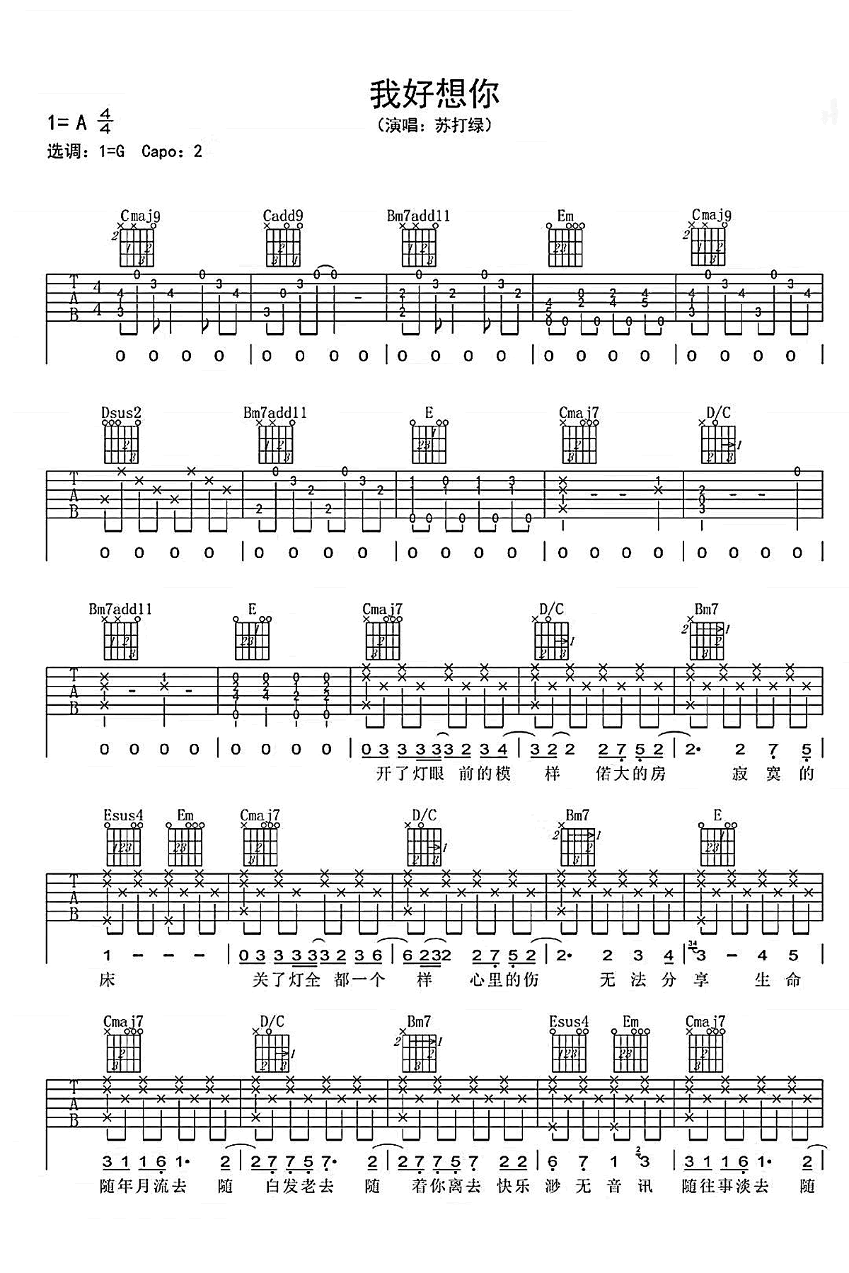 我好想你吉他谱_苏打绿_G调弹唱六线谱第1张
