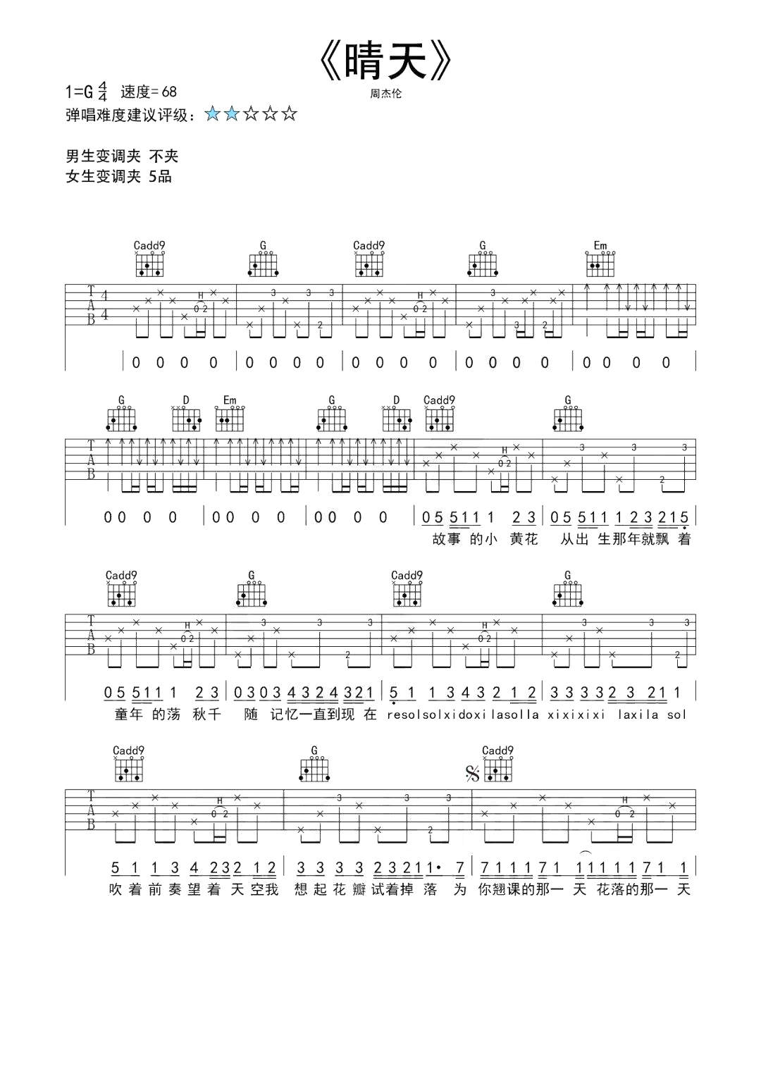 周杰伦《晴天》吉他谱 - 孙学长吉他教室编配第1张
