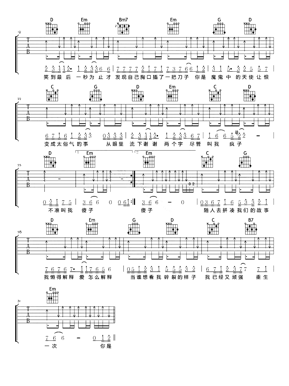 田馥甄《魔鬼中的天使》吉他谱第2张