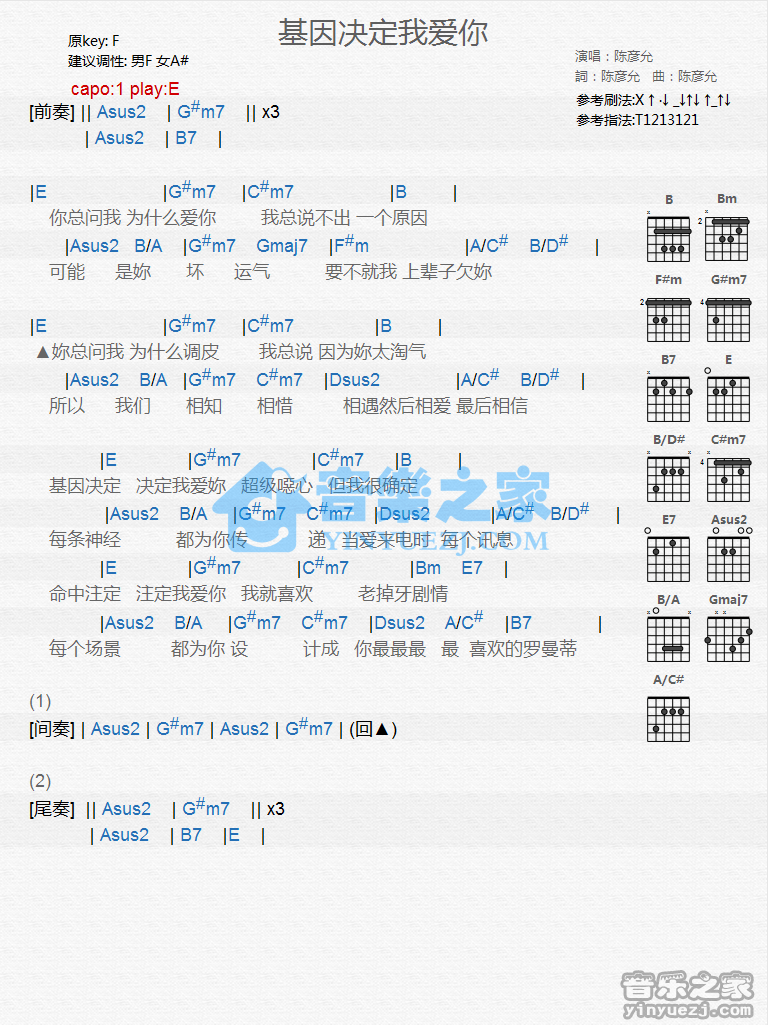 陈彦允《基因决定我爱你》吉他谱 - 很多人都在弹的版本第1张
