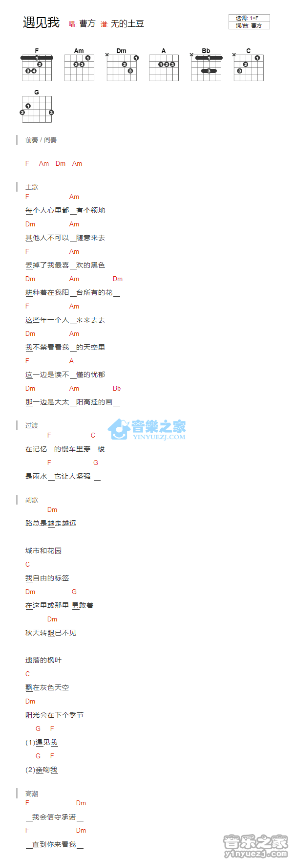 曹方《遇见我》吉他谱第1张