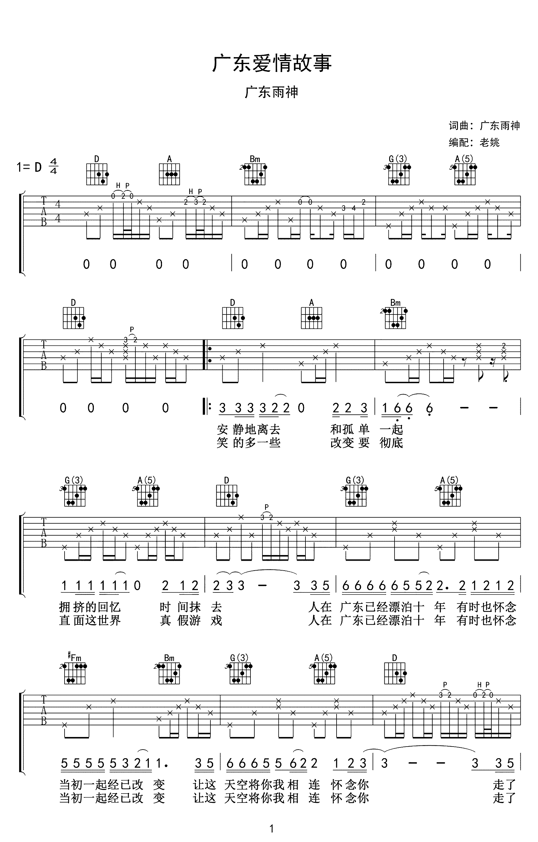 广东雨神《广东爱情故事》吉他谱第1张