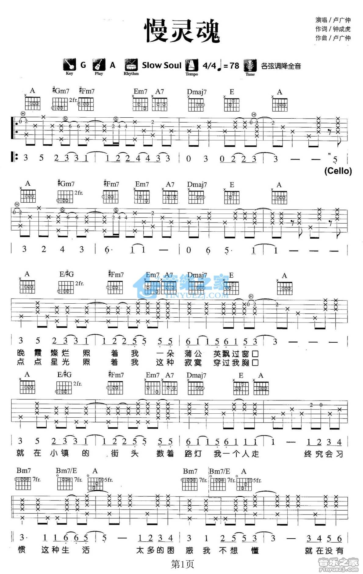 卢广仲《慢灵魂》吉他谱 - 很多人都在弹的版本第1张